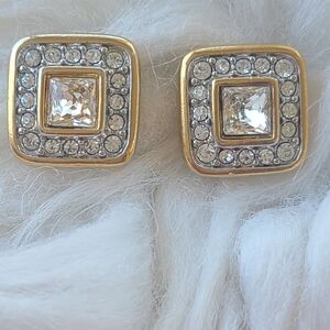 Swarovski Rhodium Plated Gold Tone Square Post Earrings - Great Vintage Conditio